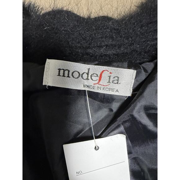 Modefia Coat Womens Medium Large Black Angora Blend Faux Fur Trim Long Duster - Picture 7 of 13